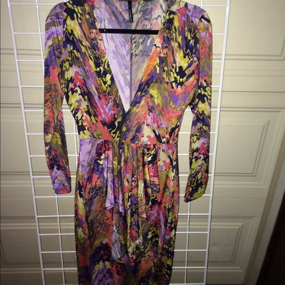 Deep vneck watercolor knee length stretchy dress
