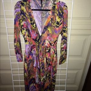 Deep vneck watercolor knee length stretchy dress