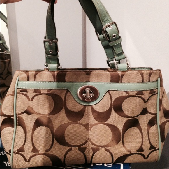 Tan/Tiffany green Coach bag