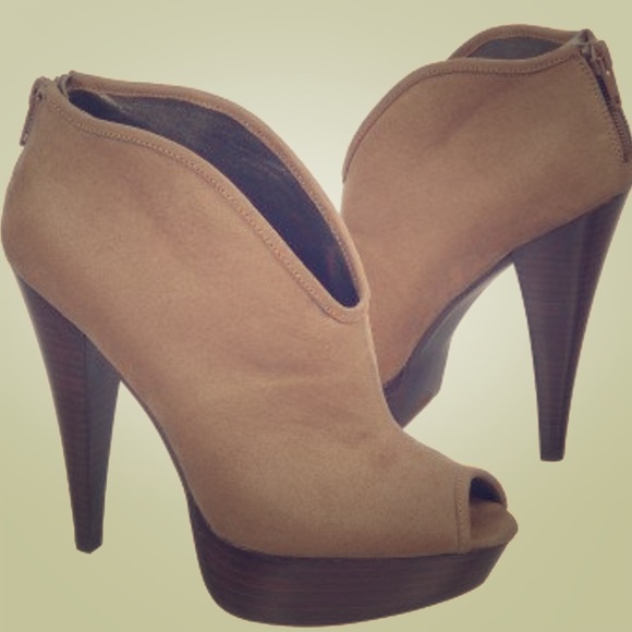 Brown suede wood platform booties heels