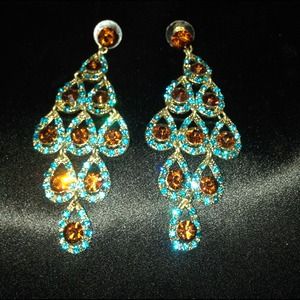 Chocolate and teal rhinestone dangle earrings