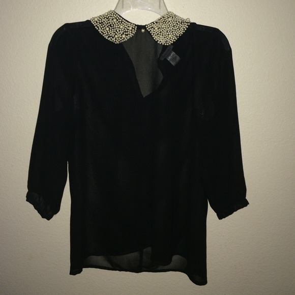Pearled collard black sheer shirt