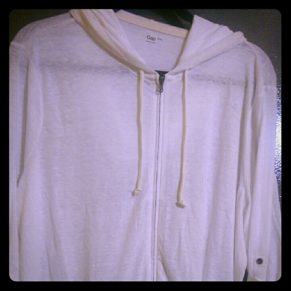 White hooded zip up sweater light weight 3\4 slv