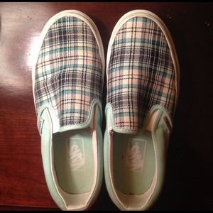 Teal plaid slip on Vans