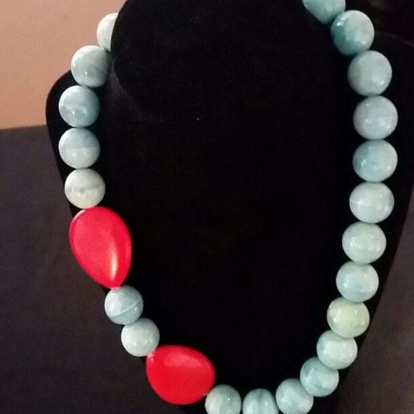 Baby blue and red statement necklace