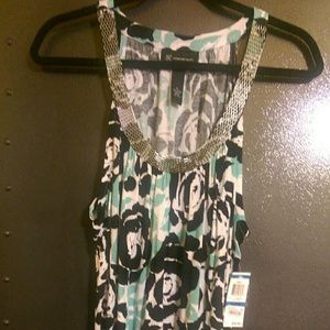 White black and teal floral tunic w/beaded collar
