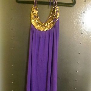 Purple jersey dress with gold embellished collar