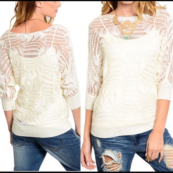 Sale! Ivory whit crochet knit sweater m - Picture 2 of 2
