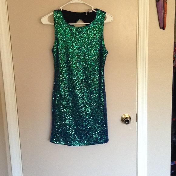 Peacock Blue & Green Sequin Party Dress