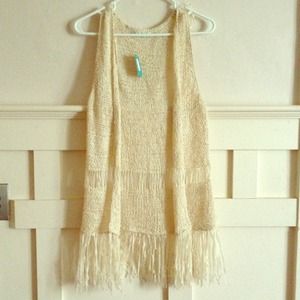 White Knit Crochet Tunic Vest with Fringe