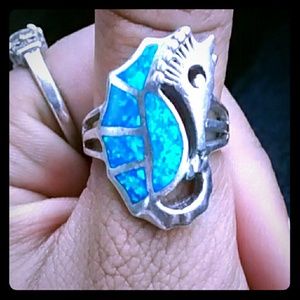 Blue opal sea horse ring