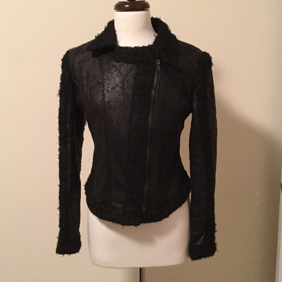 Faux crackled shearling fitted moto jacket