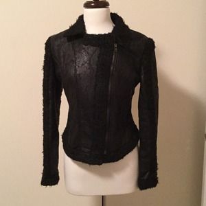 Faux crackled shearling fitted moto jacket