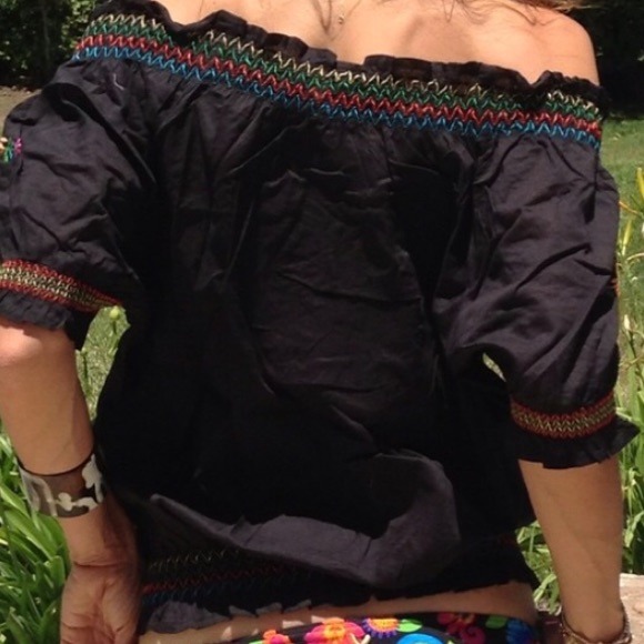 Black Floral & Bird Embroidered Off-Shoulder Boho Top
