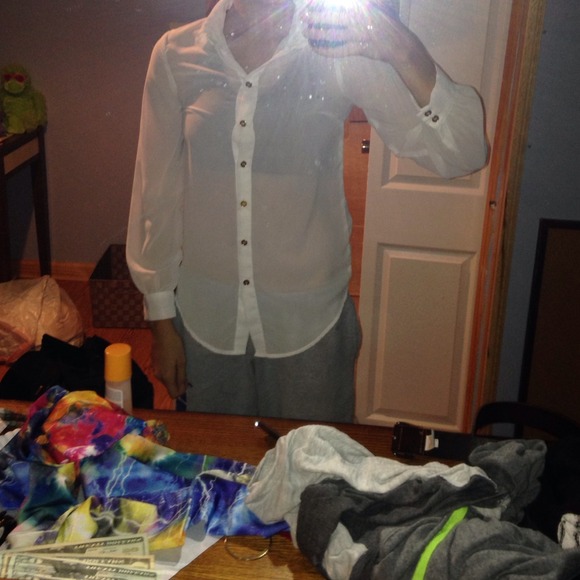 Sheer white long sleeve button down blouse - Picture 1 of 4