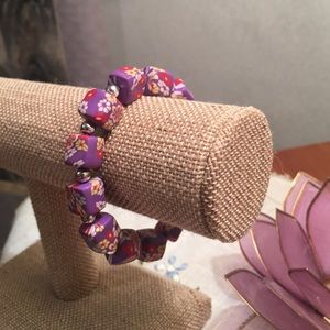 Purple Floral Clay Stretch Bracelet