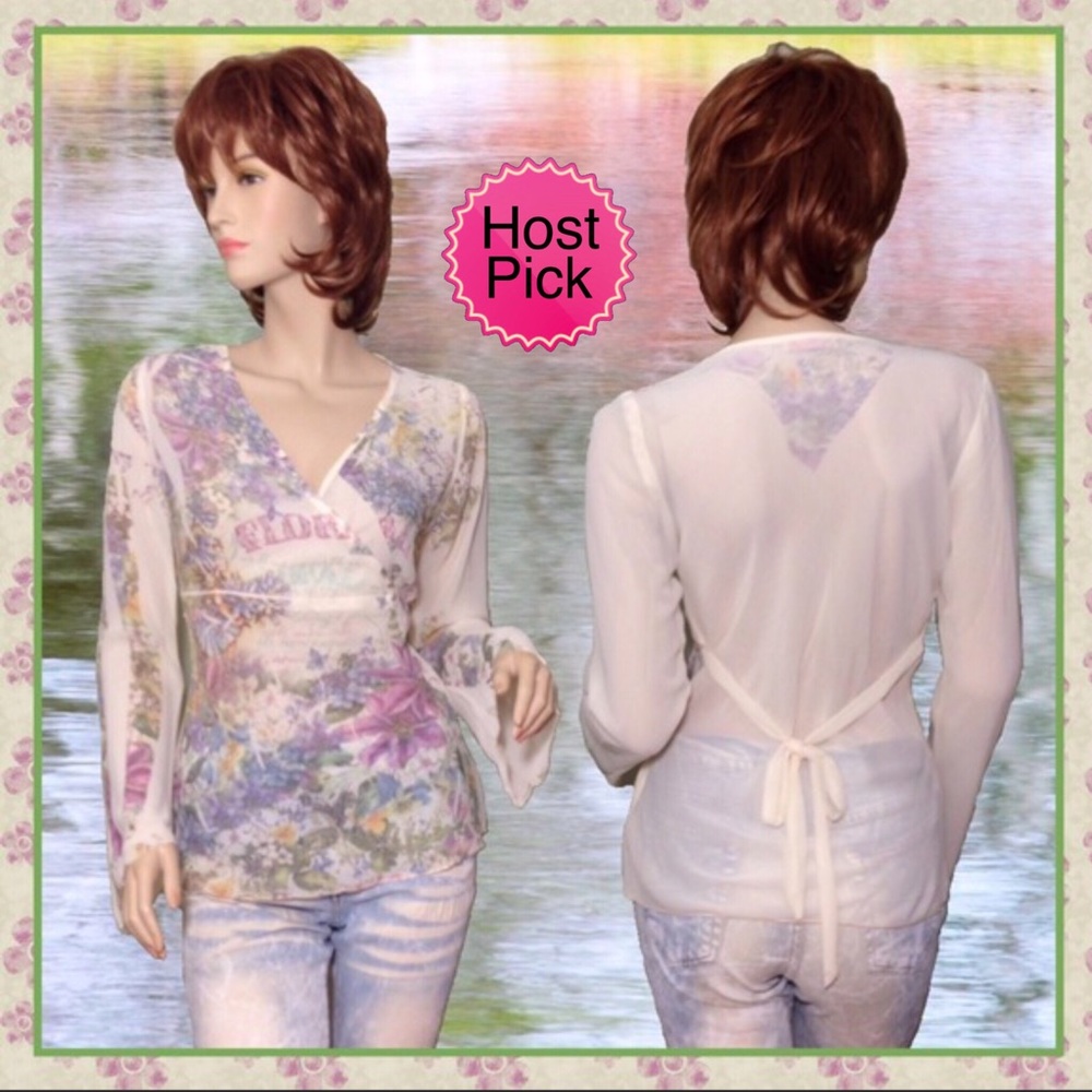 Sheer Pastel printed long sleeve top Sz Med Lk new