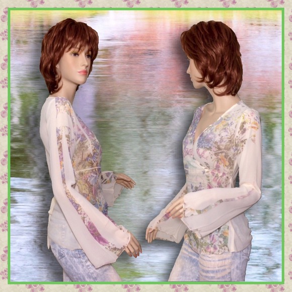 Sheer Pastel printed long sleeve top Sz Med Lk new - Picture 2 of 3