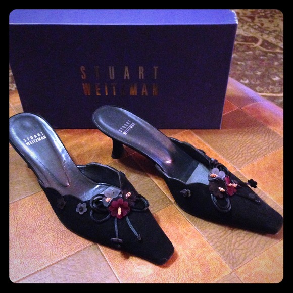 Stuart Weitzman Black Suede Mules Kitten Heels