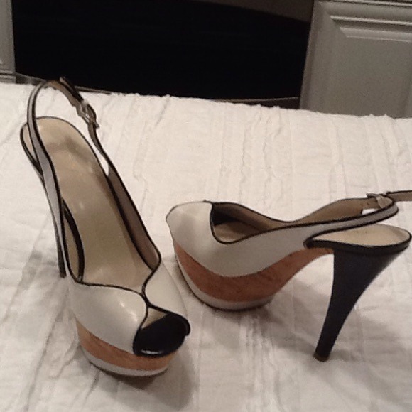 Black and white leather high heel sandals