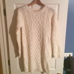 White cable knit sweater dress.