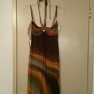 Brown long halter ladies dress with jewels.