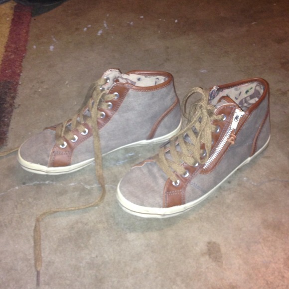 Brown and grey high top sneakers