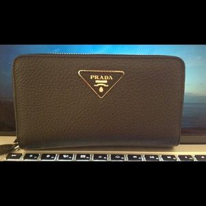 Prada black leather zip-around wallet
