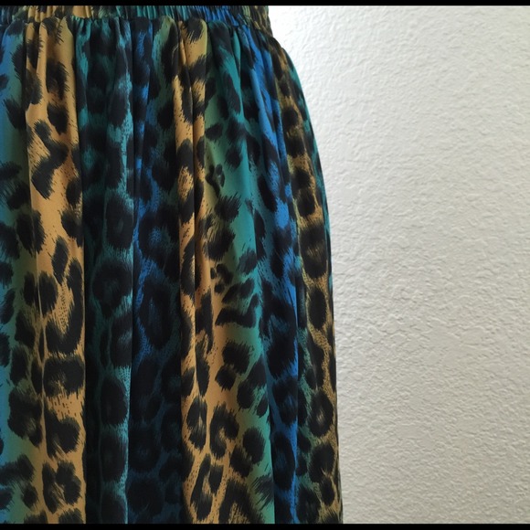 Blue teal yellow leopard pleated flowy elastic - Picture 2 of 2