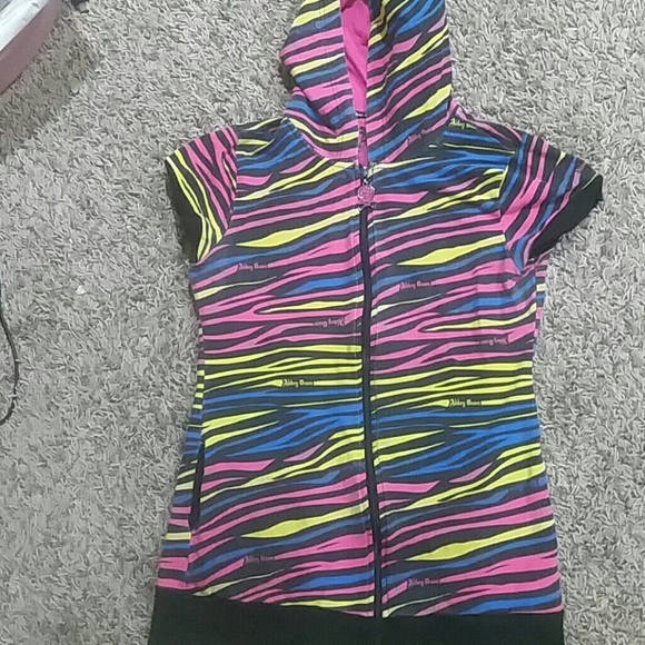 Colorful zebra printed zip up cut off hoodie