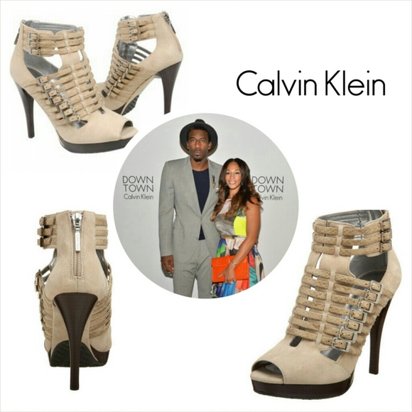 Calvin Klein Shoes - Suede Calvin Klein Tan Peep Toe Heels