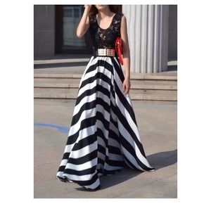 Hollow out stripe dress scoop neck