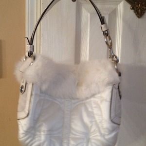 Coach Winter White Nylon Bag Rabbit Fur Trim NWOT