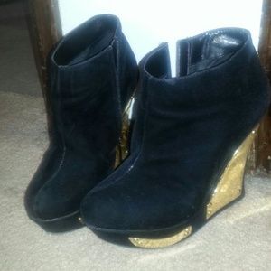 Suede gold plated wedge booties