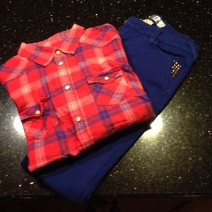 Flannel top blue skinny jean bundle