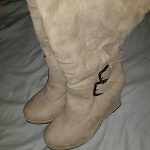 Beige suede wedge wide calf boots