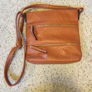 Camel colored textured body wrap purse