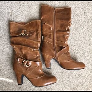 Tan, distressed faux leather boots - mid calf
