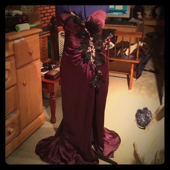 Dark purple feather prom gown
