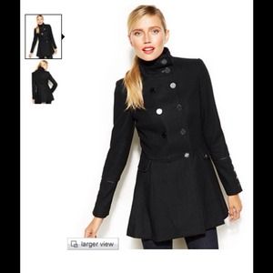 Calvin Klein Funnel-CollarLeather-Trim Flared Coat