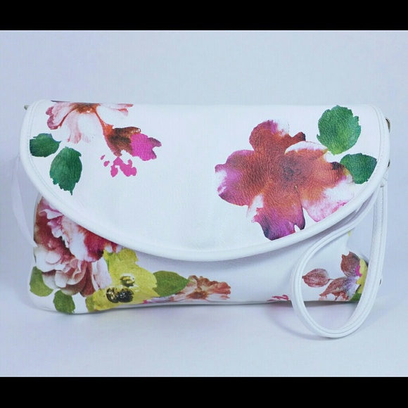 White Flower Print Clutch Handbag