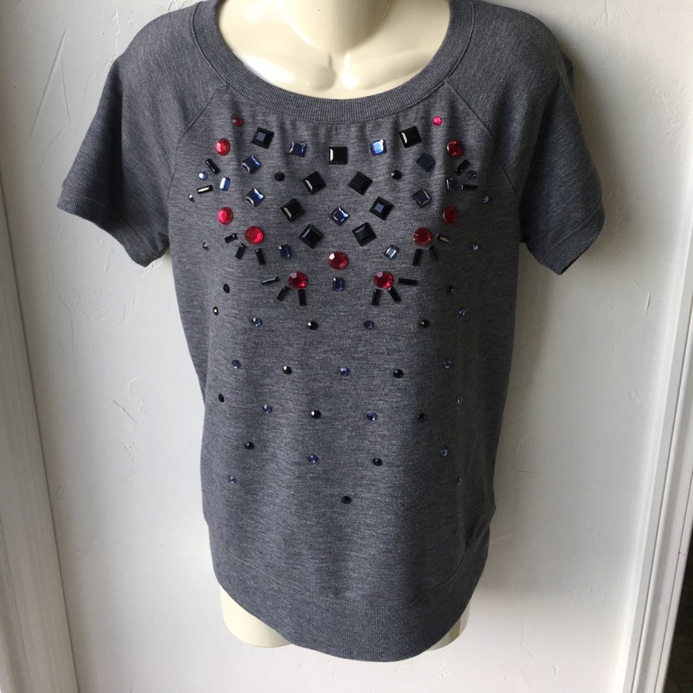 HALOGEN jewel grey stretch short sleeve top GUC