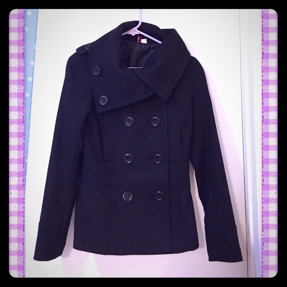Black Double Breasted Black Peacoat Funnel Neck