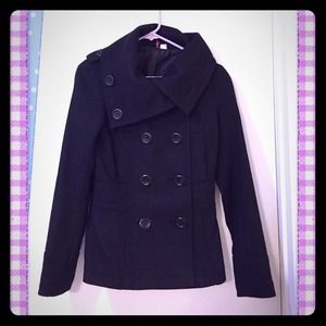 Black Double Breasted Black Peacoat Funnel Neck