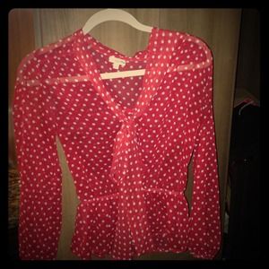 Red polka dot tie blouse
