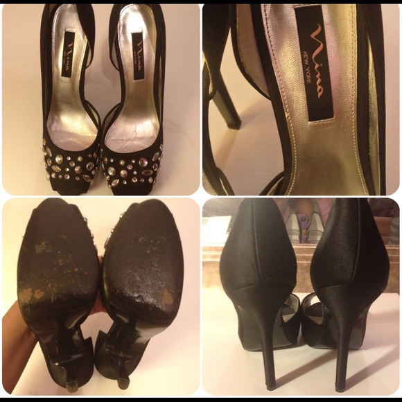 🆕 EUC Nina Black Embellished Peep Toe High Pumps - Picture 2 of 3