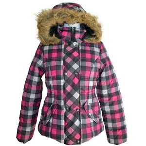 Krush Hooded Puffer Jacket Faux Fur Pink Checks