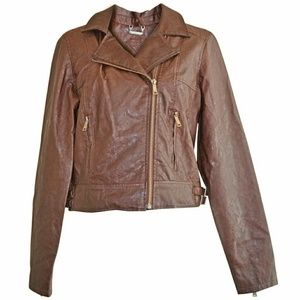 Faux Leather Brown Biker Jacket Large