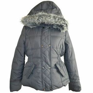 Gray Hooded Puffer Jacket with Faux Fur Trim