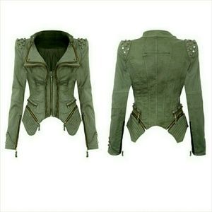 Studded shoulder green denim blazer